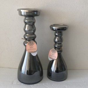 UMA Set Of 2 Glass Candle Holders Grey Made in India